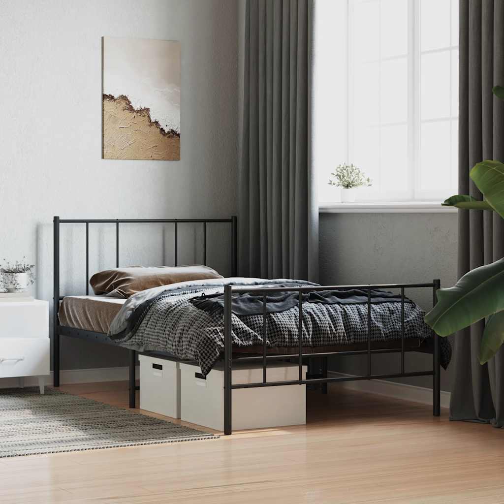 Metal Bed Frame without Mattress with Footboard Black 75x190cm