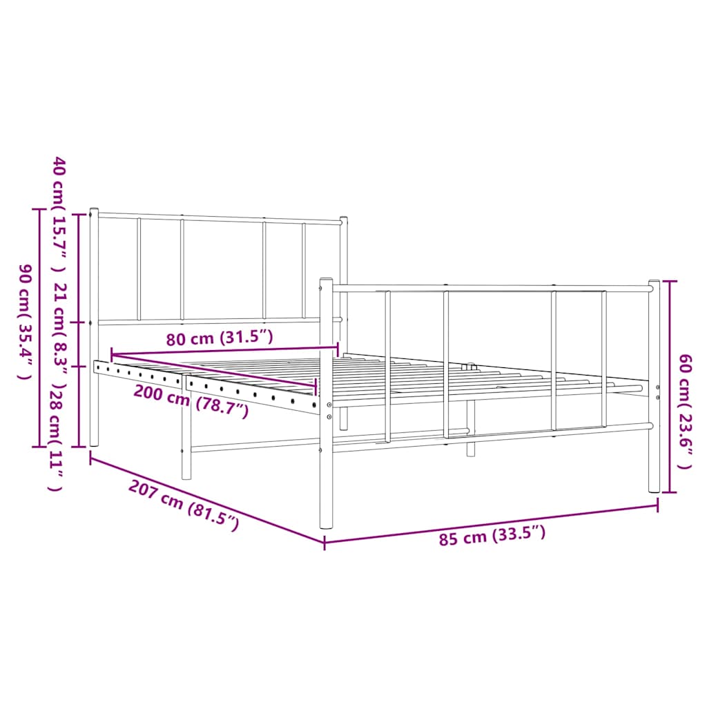 Metal Bed Frame without Mattress with Footboard Black 80x200cm