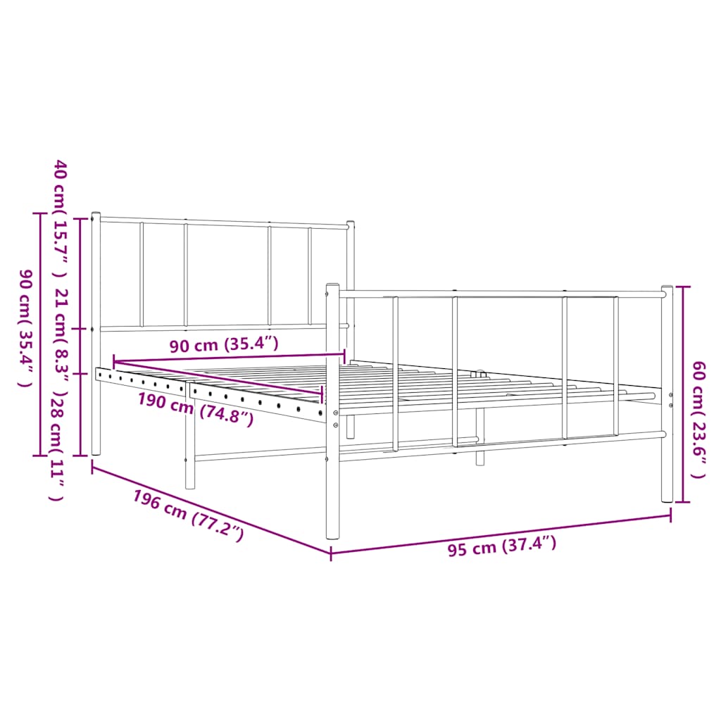 Metal Bed Frame without Mattress with Footboard Black 90x190cm