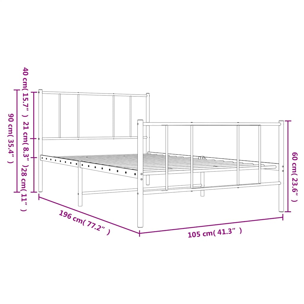 Metal Bed Frame without Mattress with Footboard Black 100x190cm
