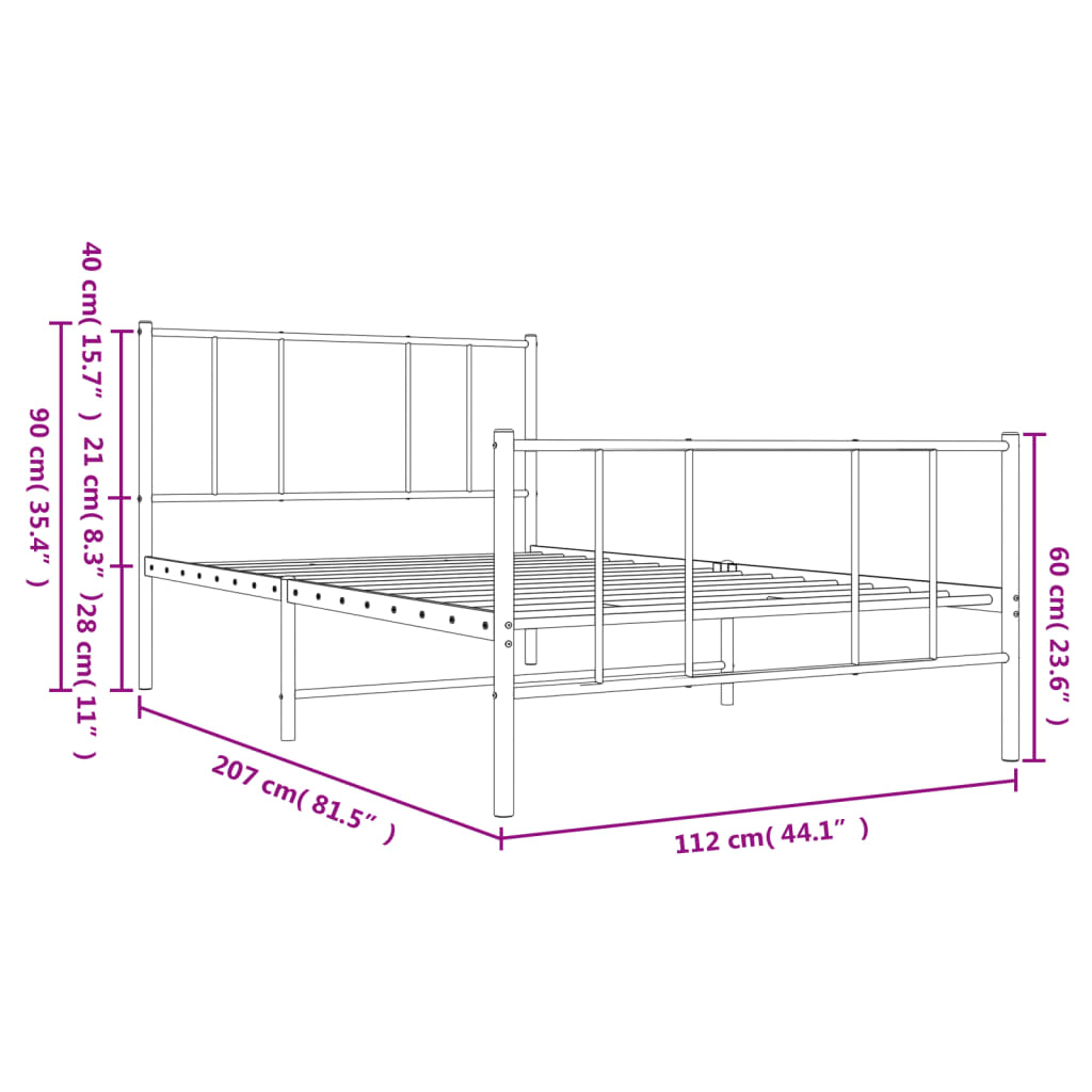Metal Bed Frame without Mattress with Footboard Black 107x203cm
