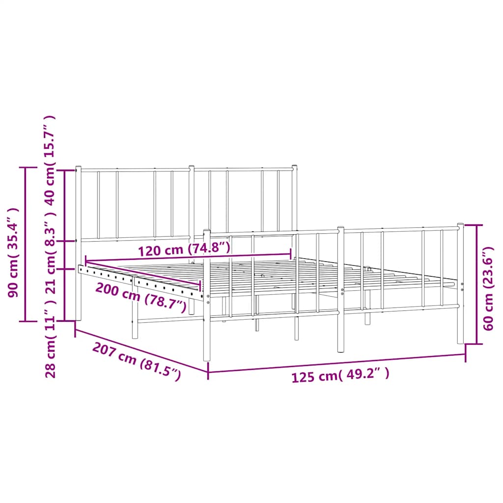 Metal Bed Frame without Mattress with Footboard Black 120x200cm