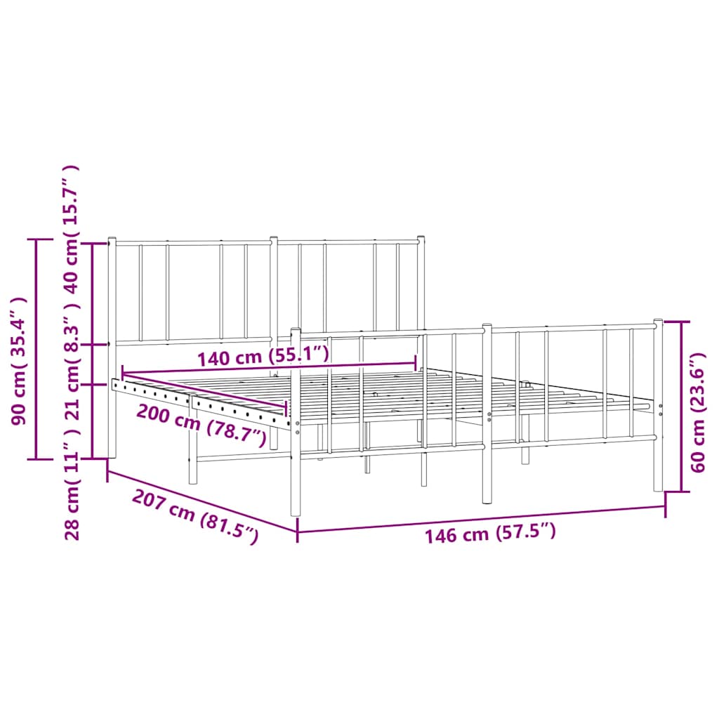 Metal Bed Frame without Mattress with Footboard Black 140x200cm