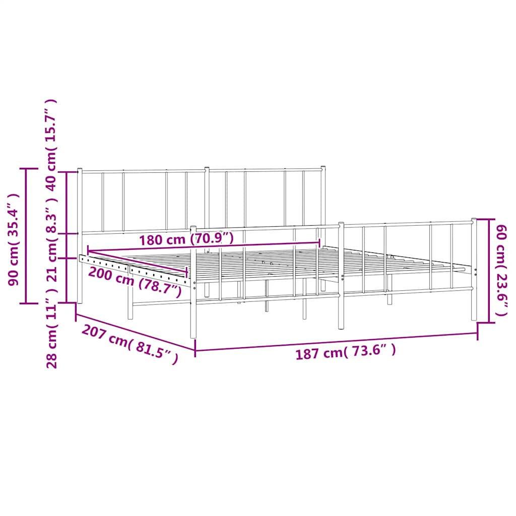 Metal Bed Frame without Mattress with Footboard Black 180x200cm