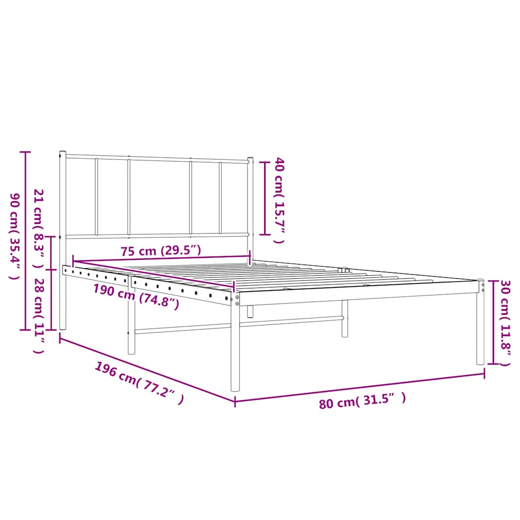 Metal Bed Frame without Mattress with Headboard White 75x190cm
