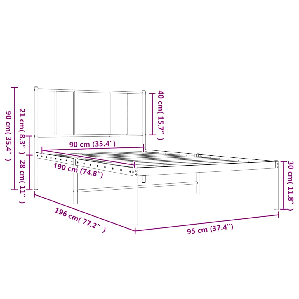 Metal Bed Frame without Mattress with Headboard White 90x190cm