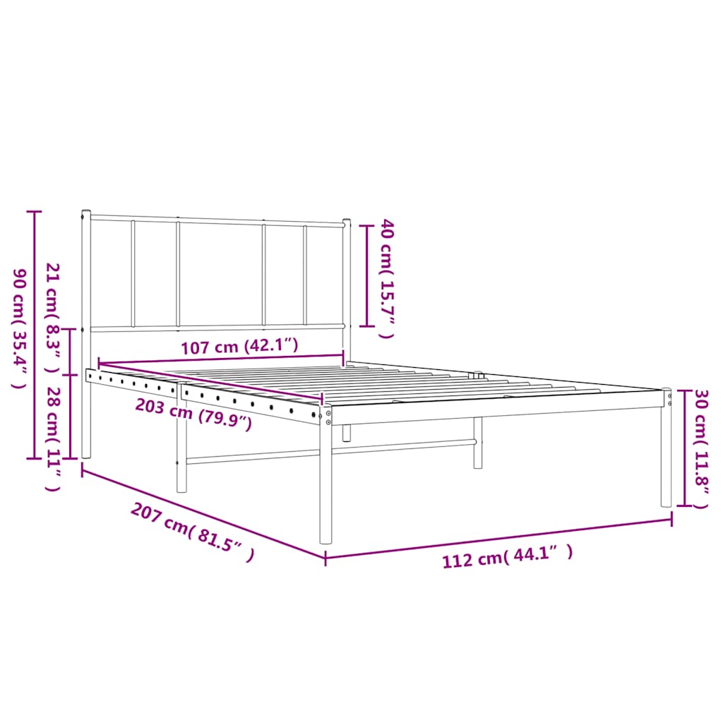 Metal Bed Frame without Mattress with Headboard White 107x203cm
