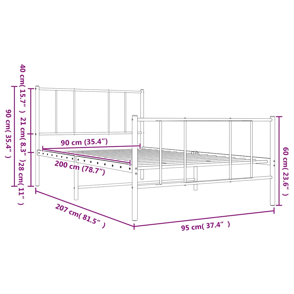 Metal Bed Frame without Mattress with Footboard White 90x200cm