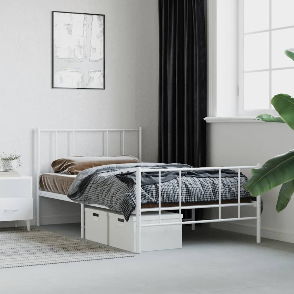 Metal Bed Frame without Mattress with Footboard White 107x203cm