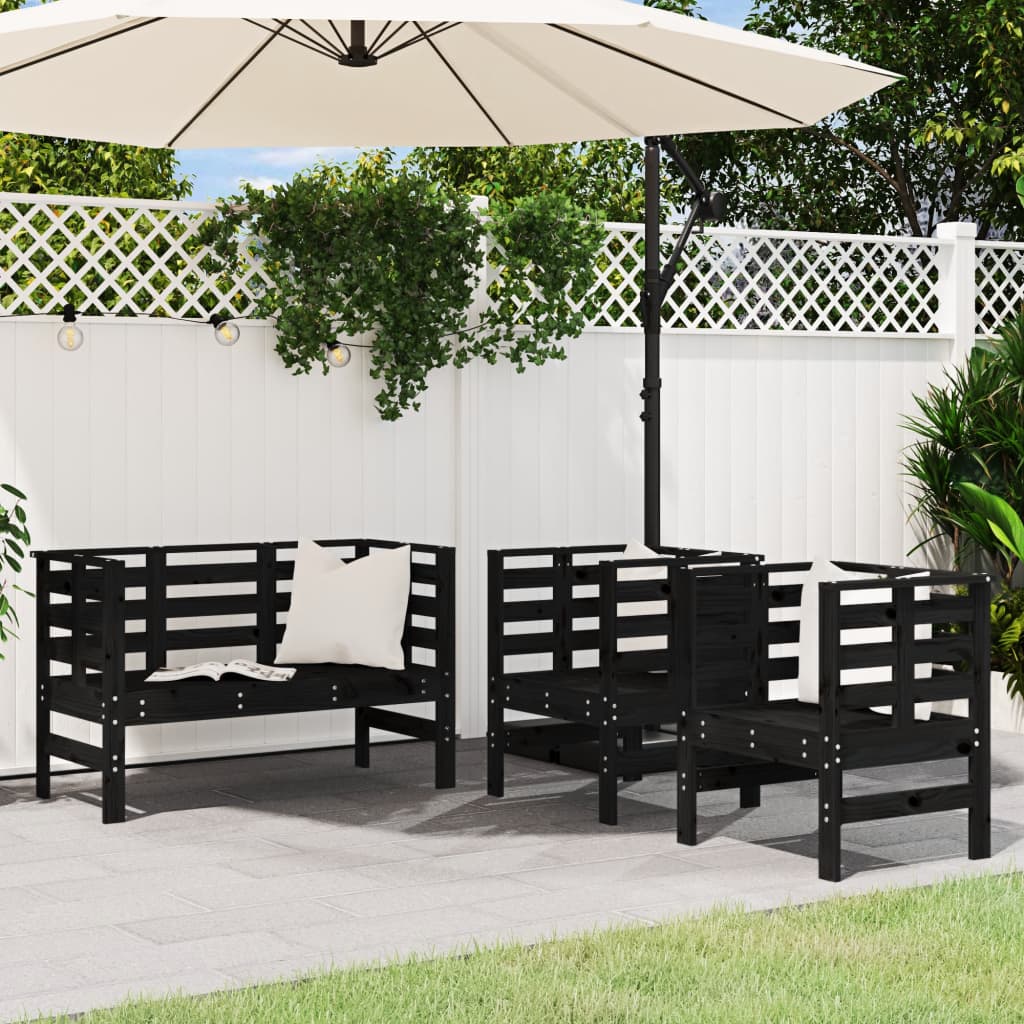3 Piece Garden Lounge Set Black Solid Wood Pine