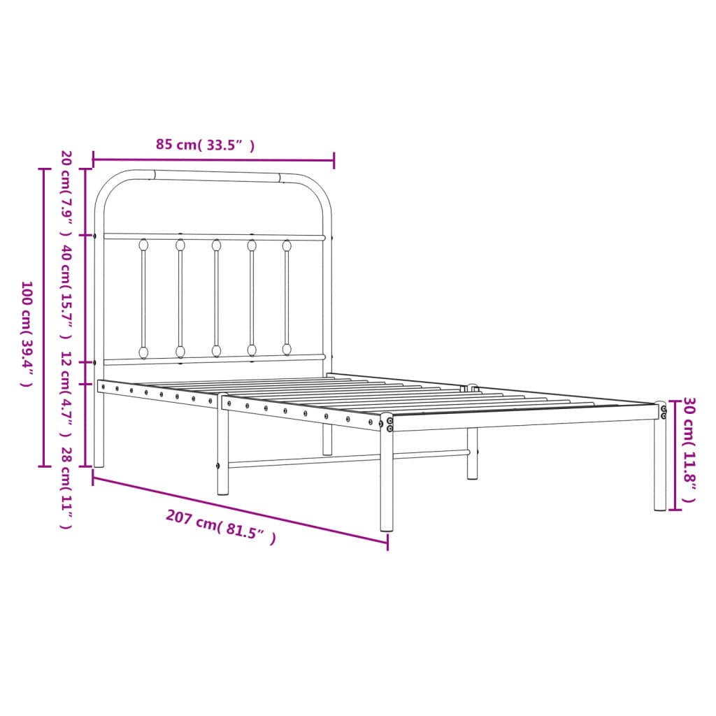Metal Bed Frame without Mattress with Headboard Black 80x200cm