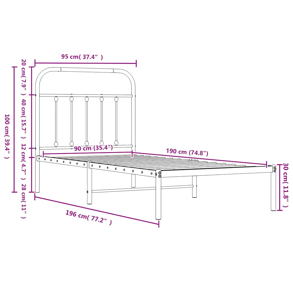 Metal Bed Frame without Mattress with Headboard Black 90x190cm