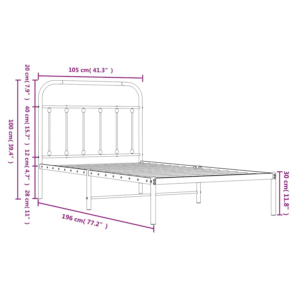 Metal Bed Frame without Mattress with Headboard Black 100x190cm
