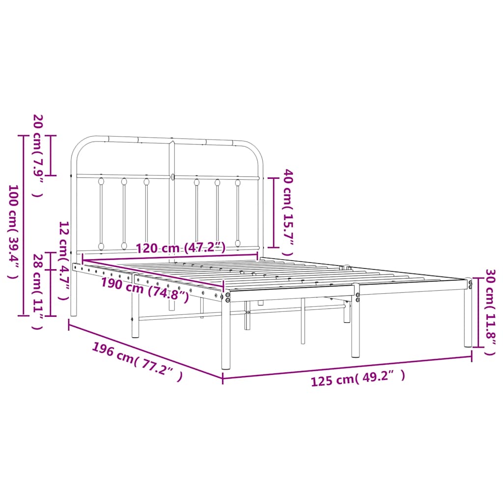 Metal Bed Frame without Mattress with Headboard Black 120x190cm