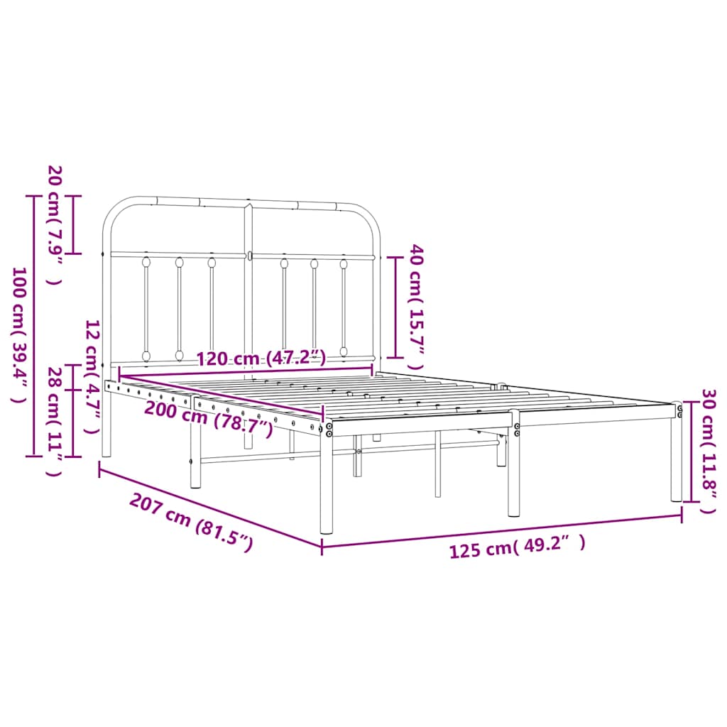 Metal Bed Frame without Mattress with Headboard Black 120x200cm