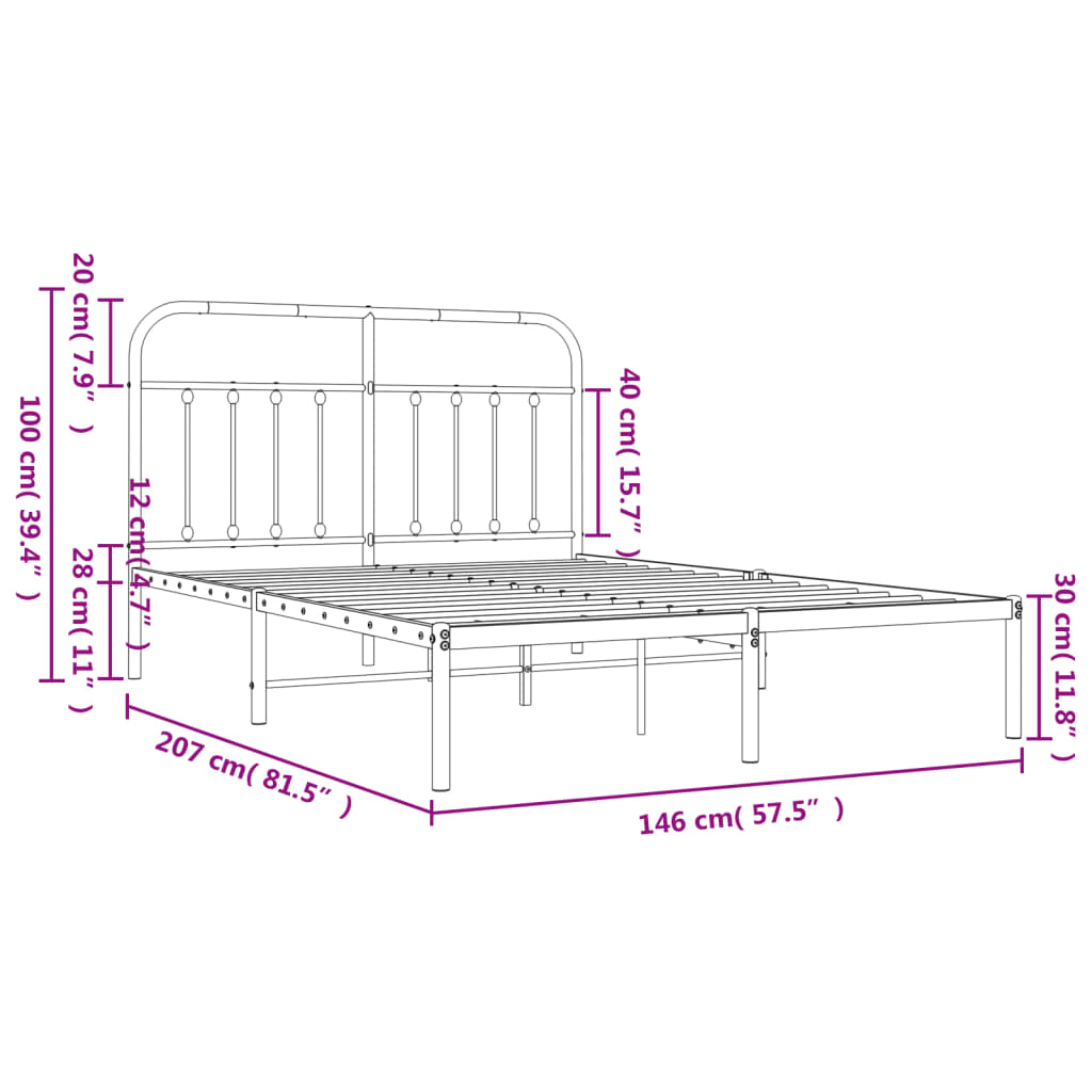 Metal Bed Frame without Mattress with Headboard Black 140x200cm