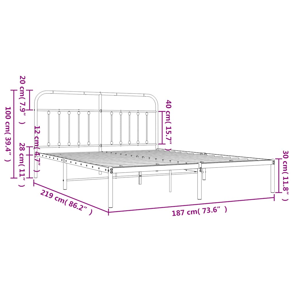 Metal Bed Frame without Mattress with Headboard Black 183x213cm