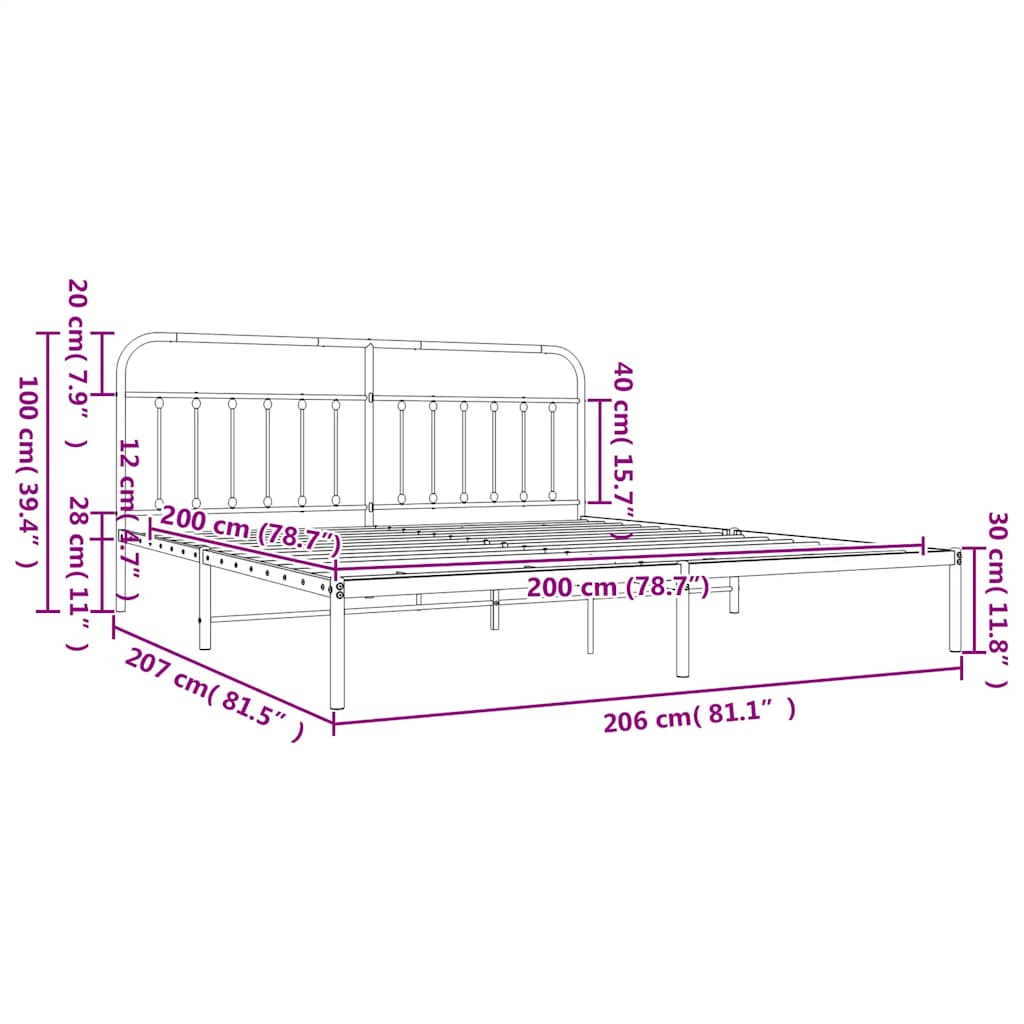 Metal Bed Frame without Mattress with Headboard Black 200x200cm