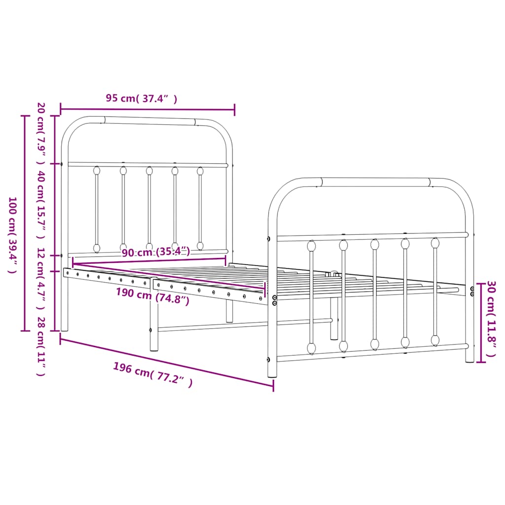 Metal Bed Frame without Mattress with Footboard Black 90x190cm