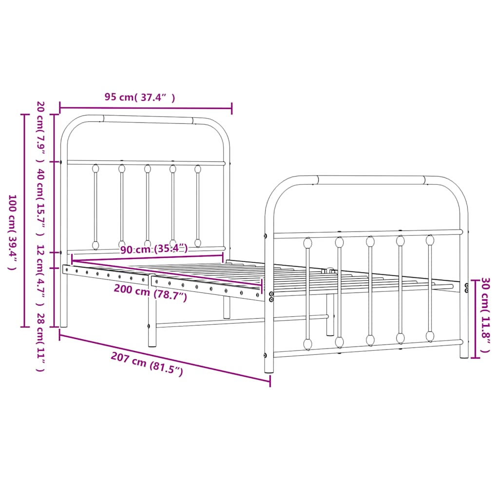 Metal Bed Frame without Mattress with Footboard Black 90x200cm