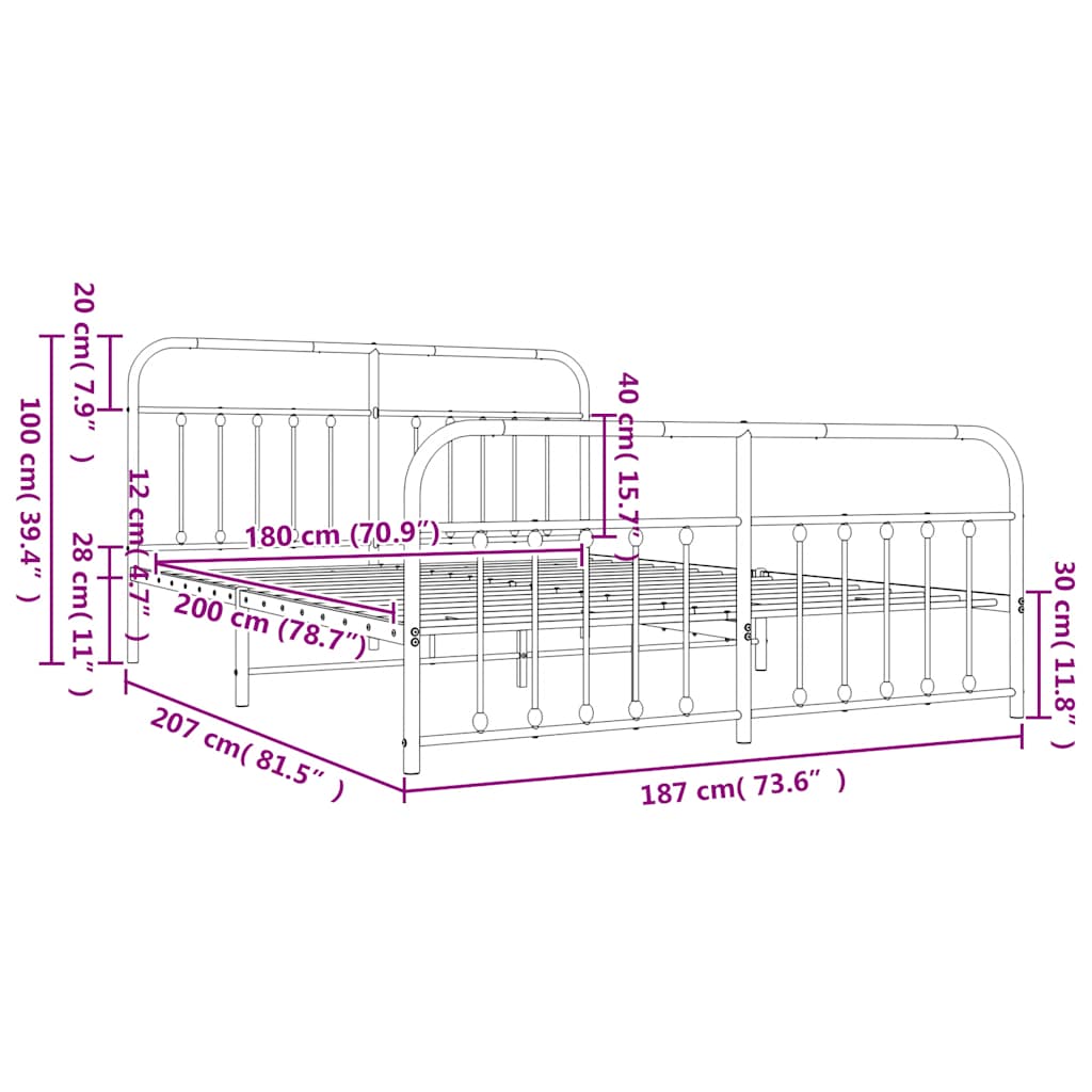 Metal Bed Frame without Mattress with Footboard Black 180x200cm