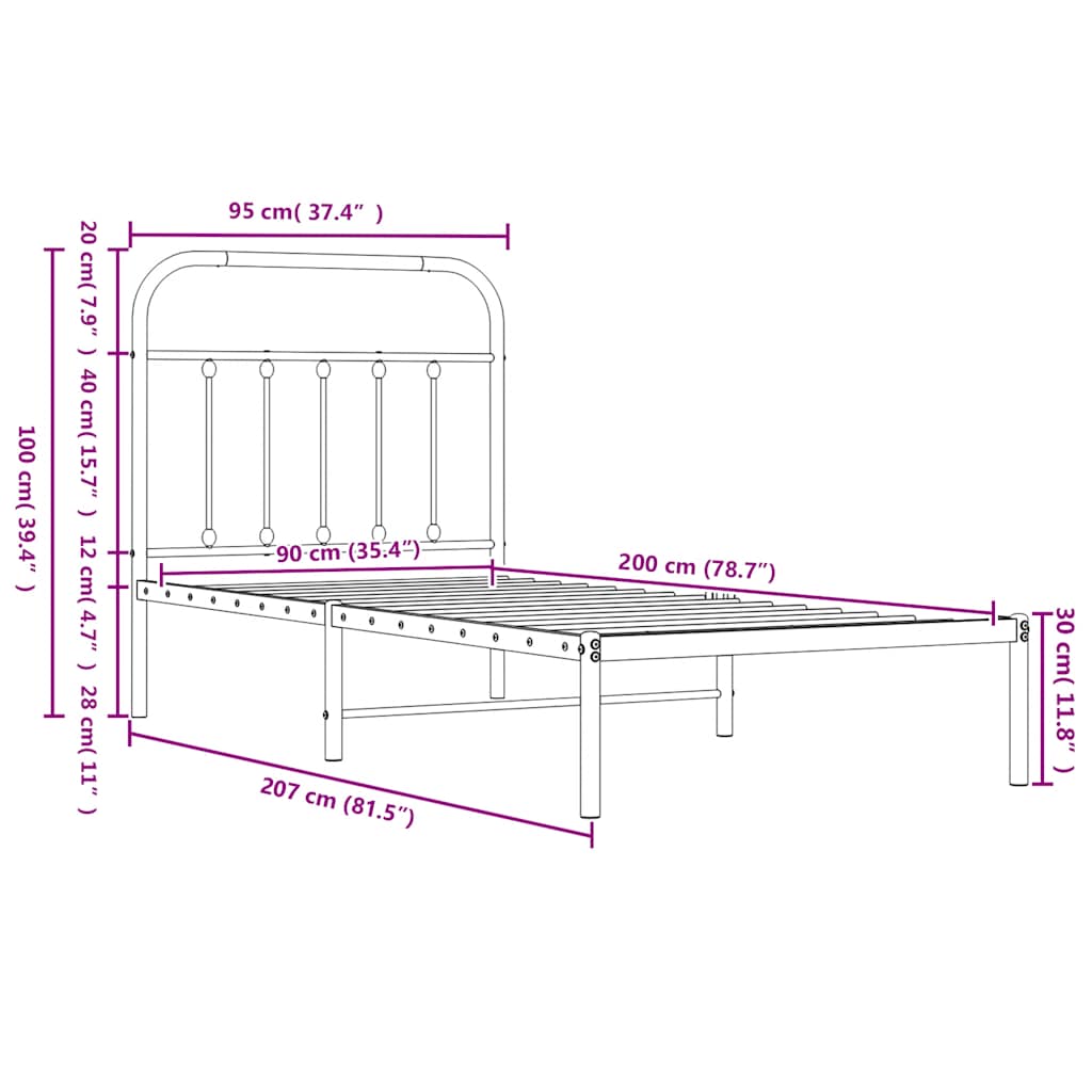 Metal Bed Frame without Mattress with Headboard White 90x200cm