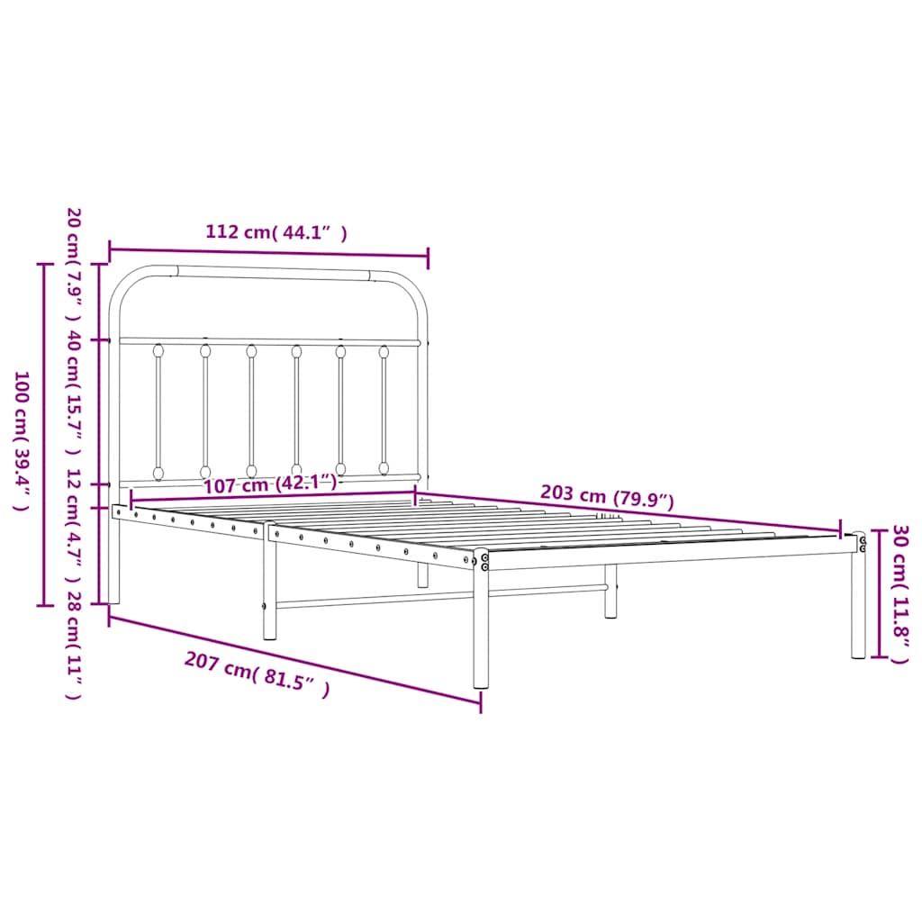 Metal Bed Frame without Mattress with Headboard White 107x203cm