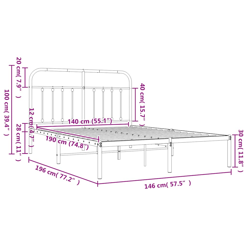 Metal Bed Frame without Mattress with Headboard White 140x190cm
