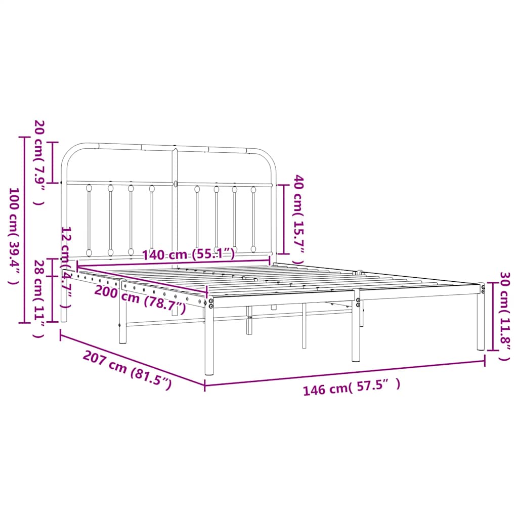 Metal Bed Frame without Mattress with Headboard White 140x200cm