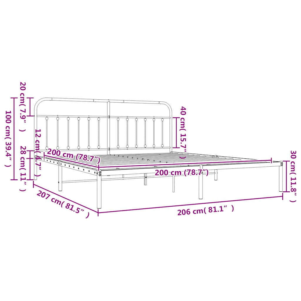 Metal Bed Frame without Mattress with Headboard White 200x200cm