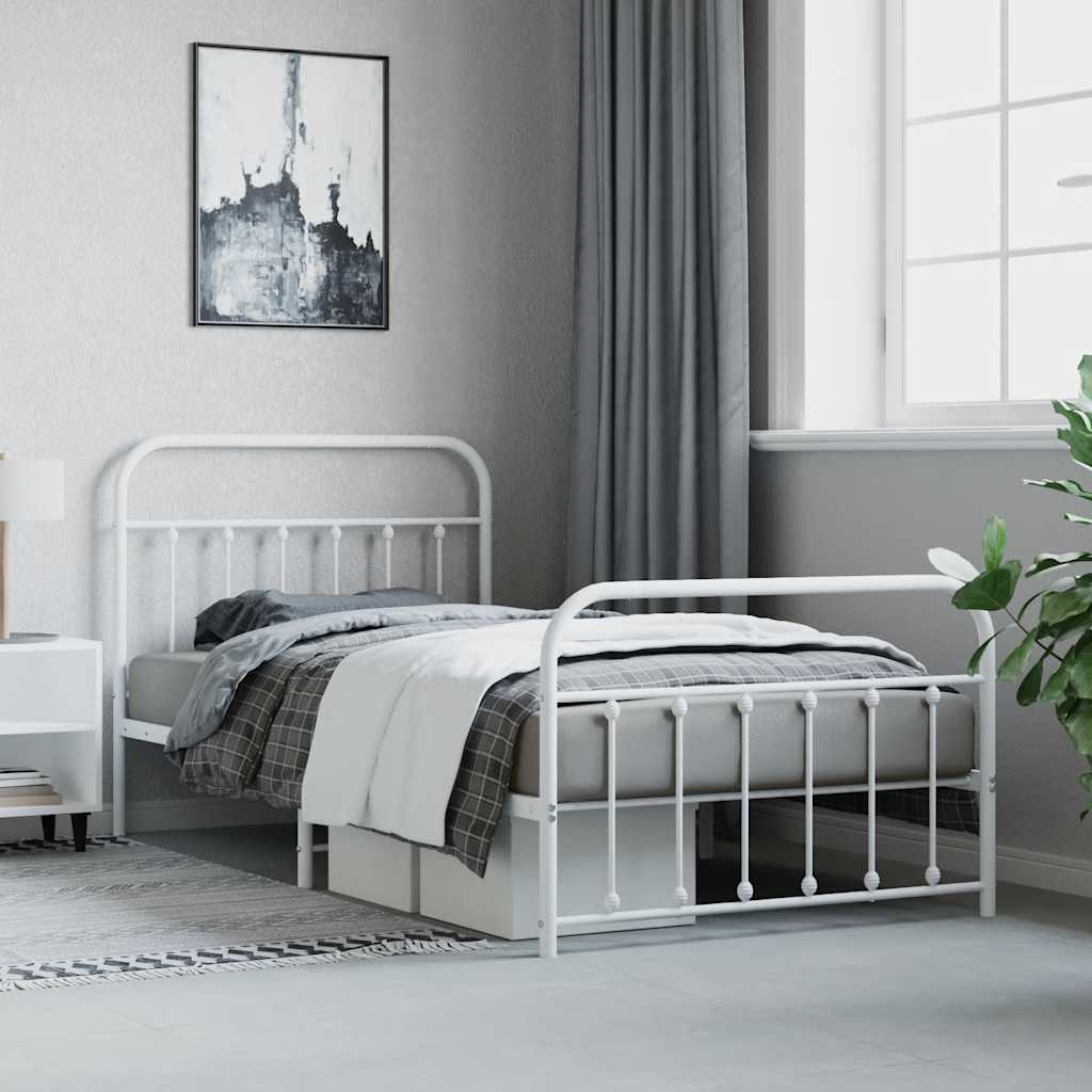 Metal Bed Frame without Mattress with Footboard White 107x203cm