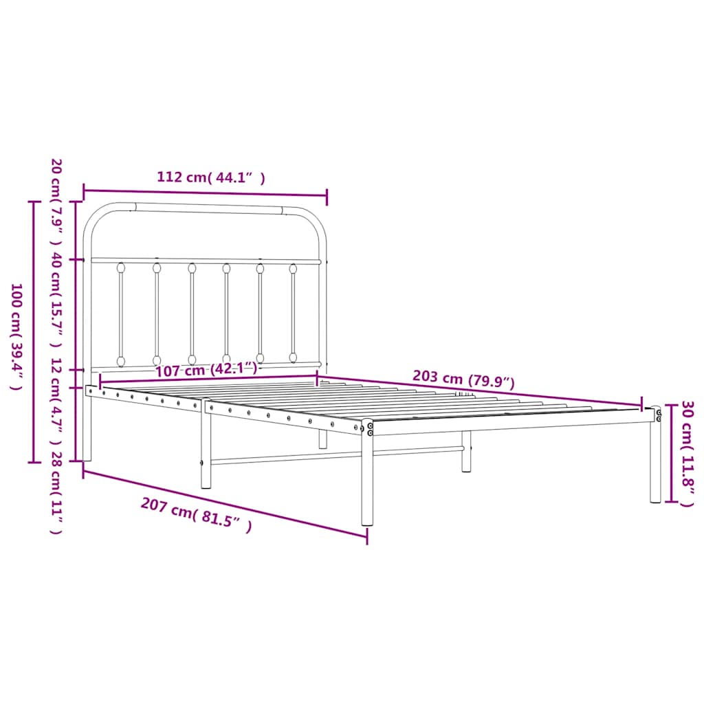 Metal Bed Frame without Mattress with Footboard White 107x203cm