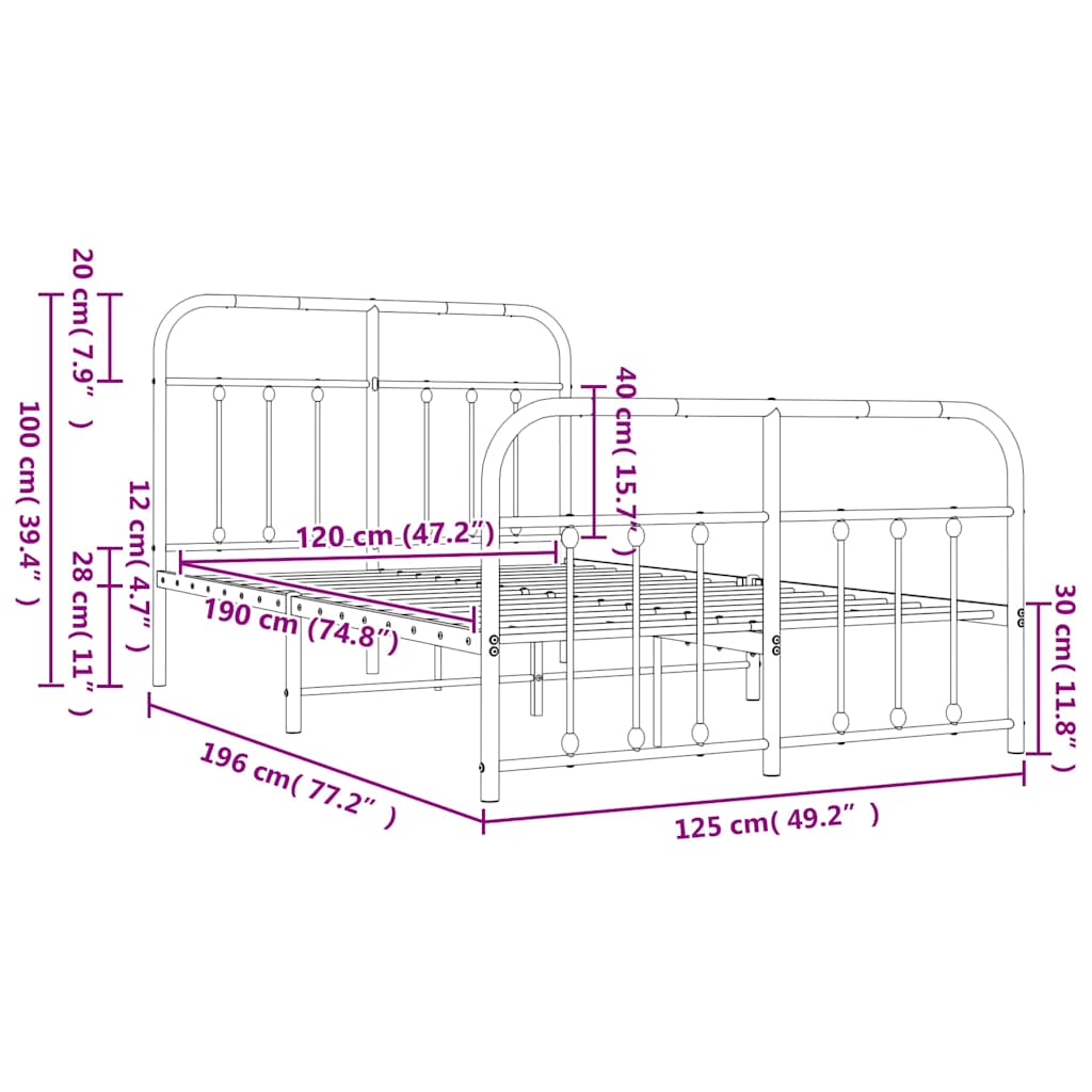 Metal Bed Frame without Mattress with Footboard White 120x190cm