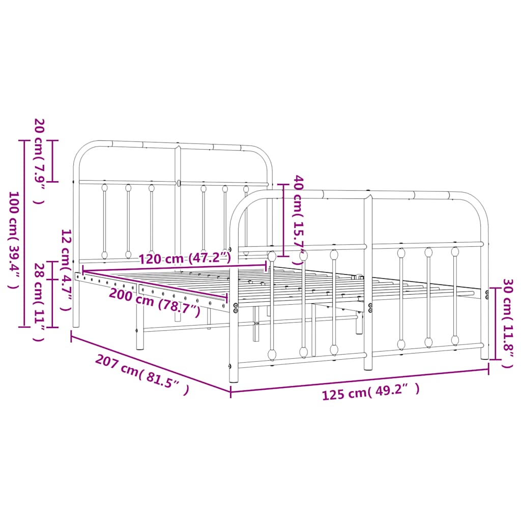 Metal Bed Frame without Mattress with Footboard White 120x200cm