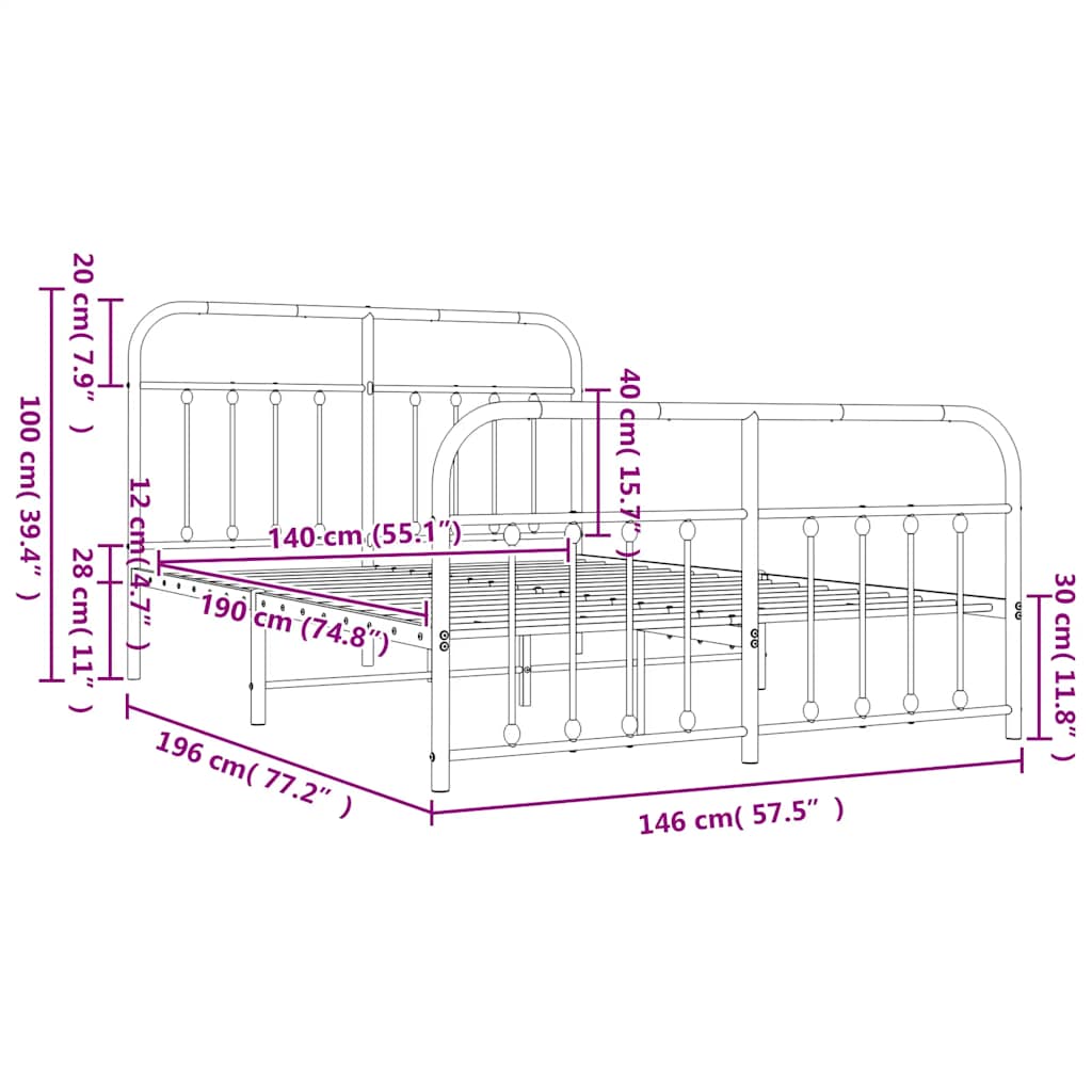 Metal Bed Frame without Mattress with Footboard White 140x190cm