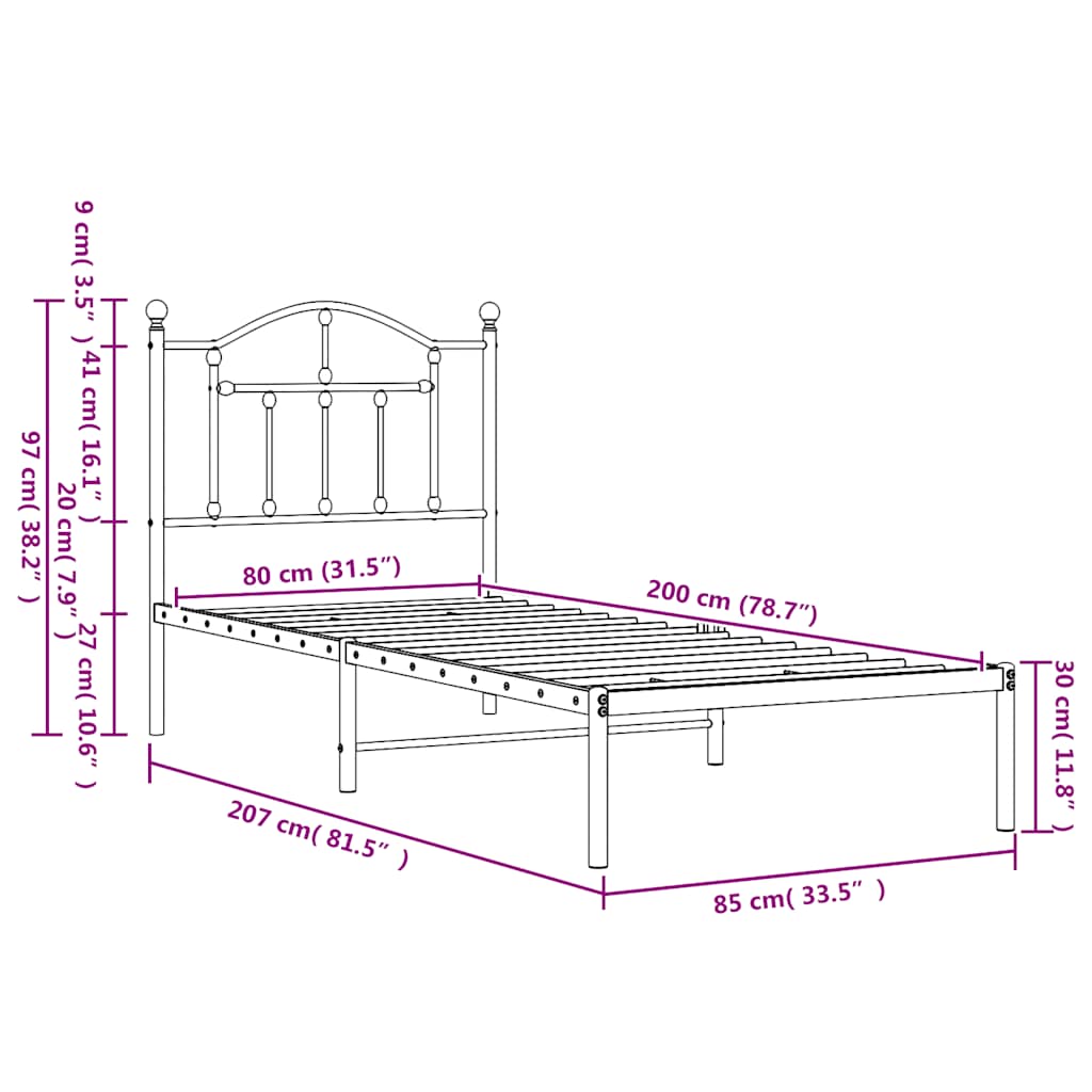 Metal Bed Frame without Mattress with Headboard Black 80x200cm