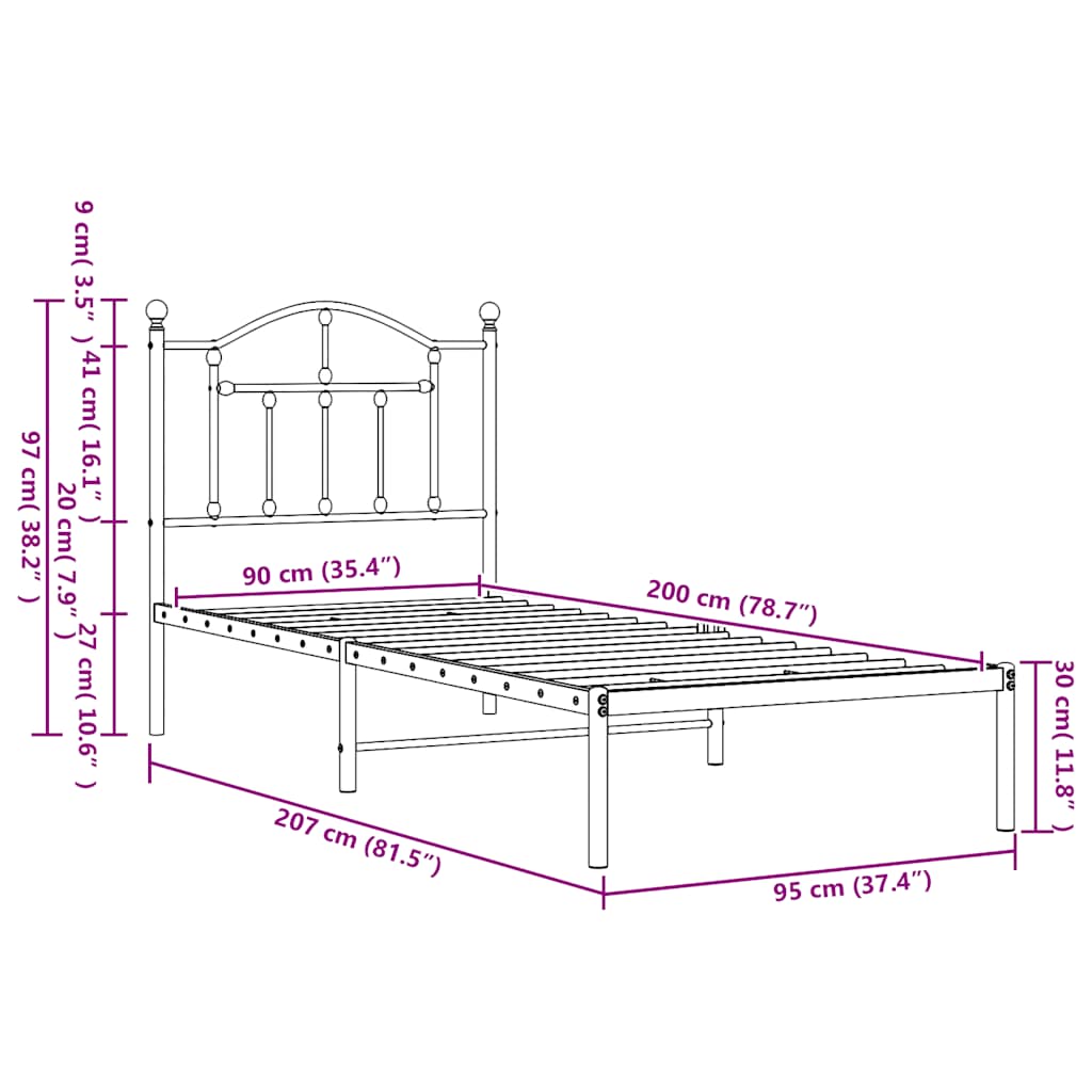 Metal Bed Frame without Mattress with Headboard Black 90x200cm