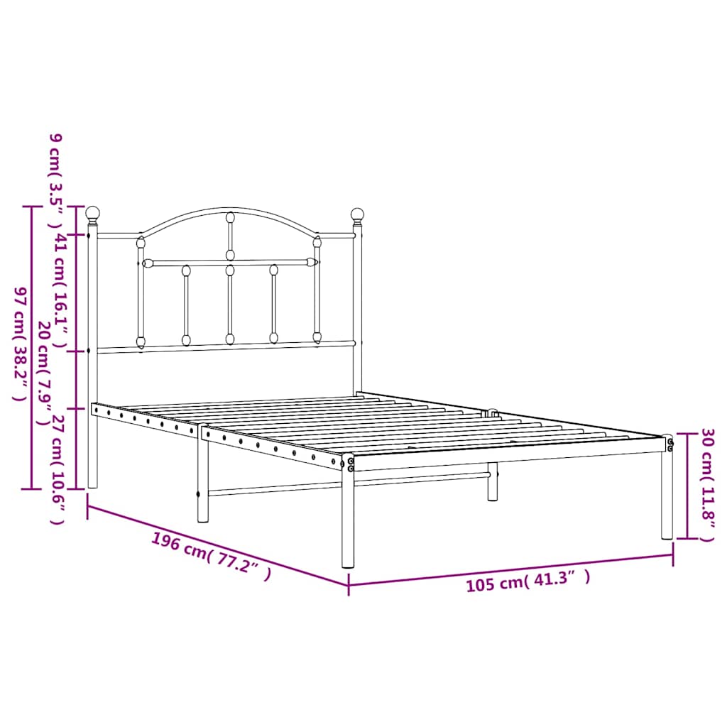 Metal Bed Frame without Mattress with Headboard Black 100x190cm