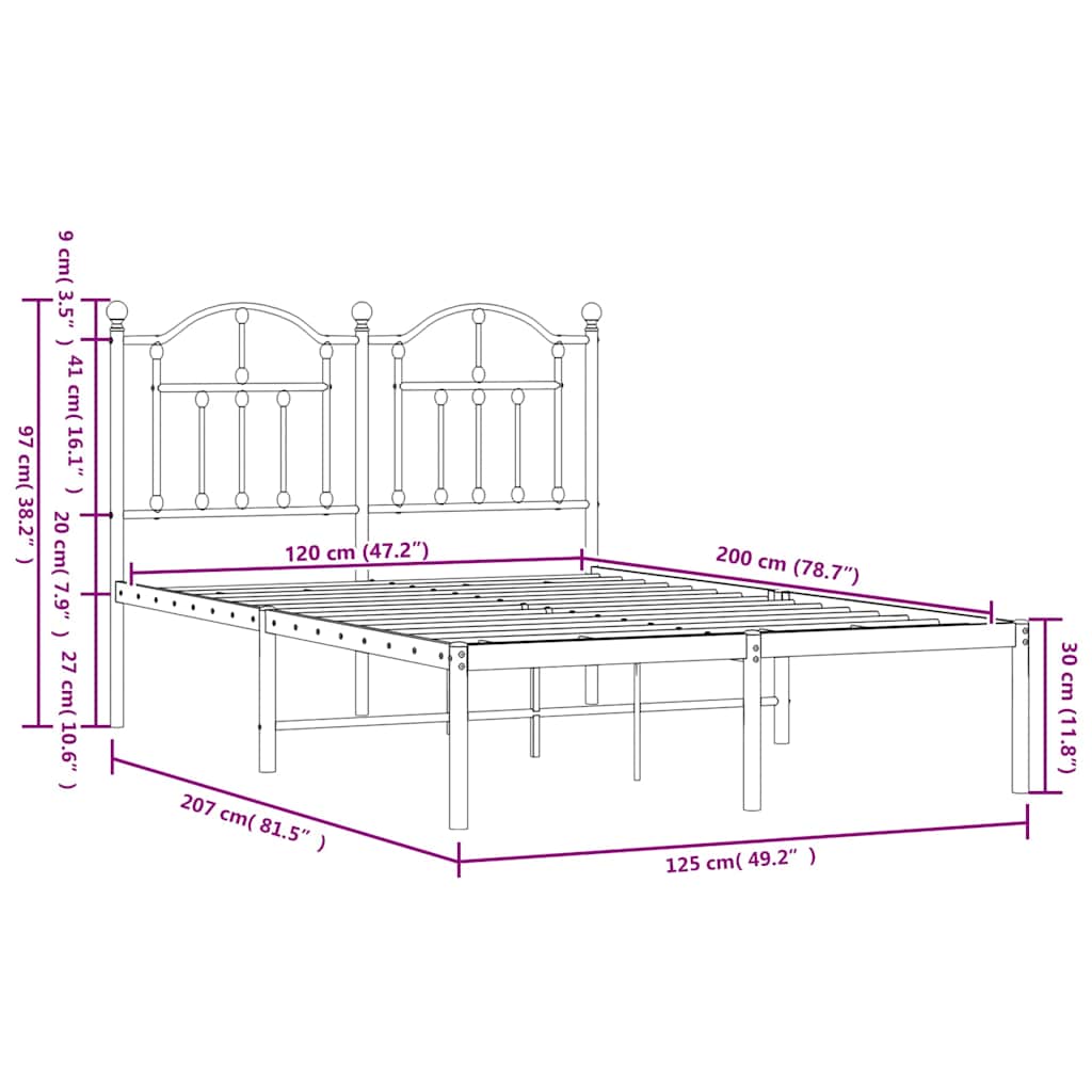 Metal Bed Frame without Mattress with Headboard Black 120x200cm