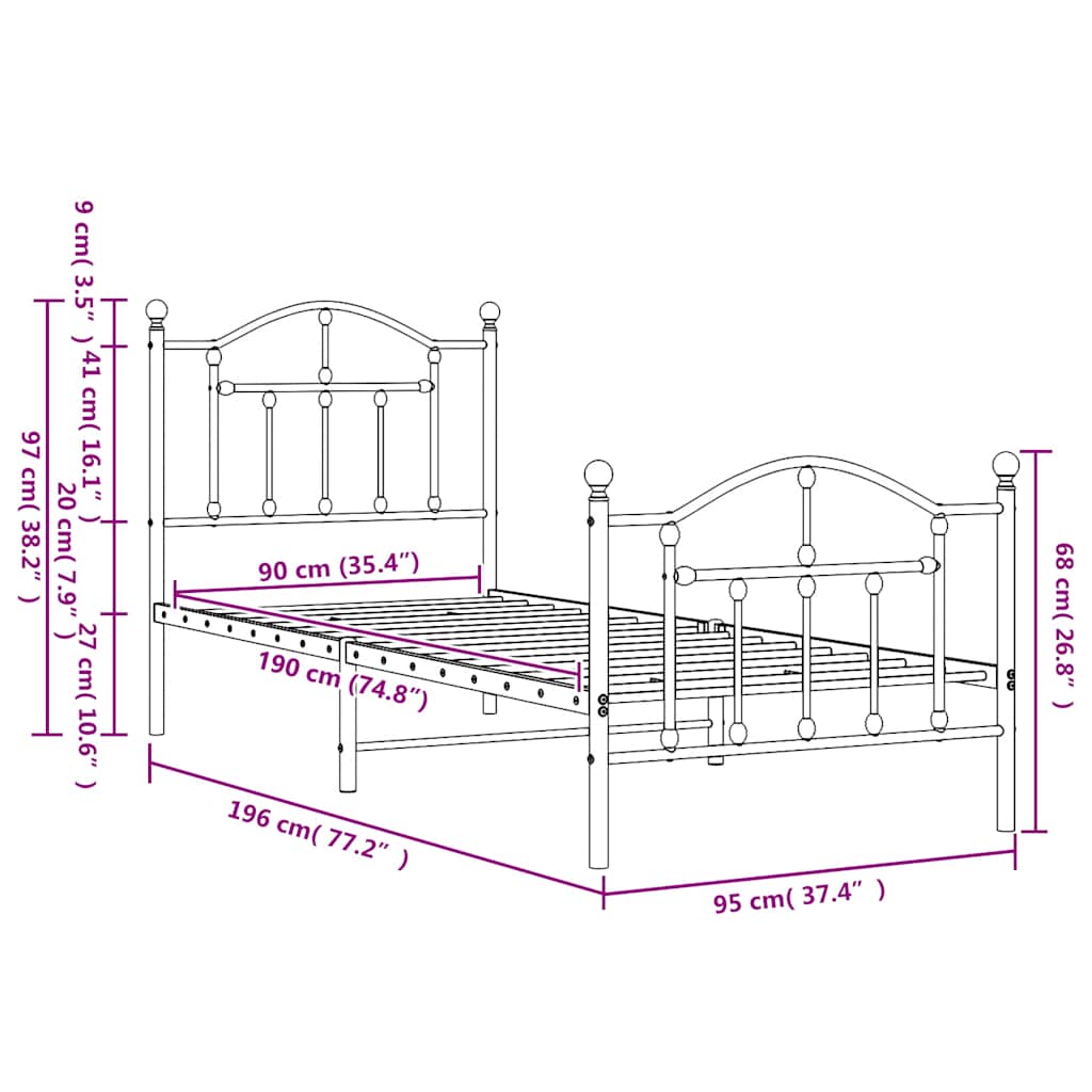 Metal Bed Frame without Mattress with Footboard Black 90x190cm