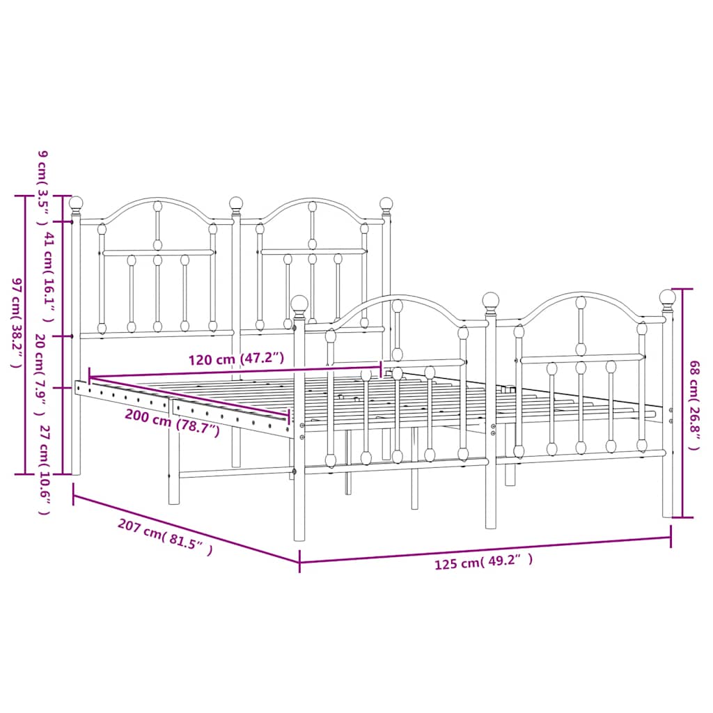 Metal Bed Frame without Mattress with Footboard Black 120x200cm