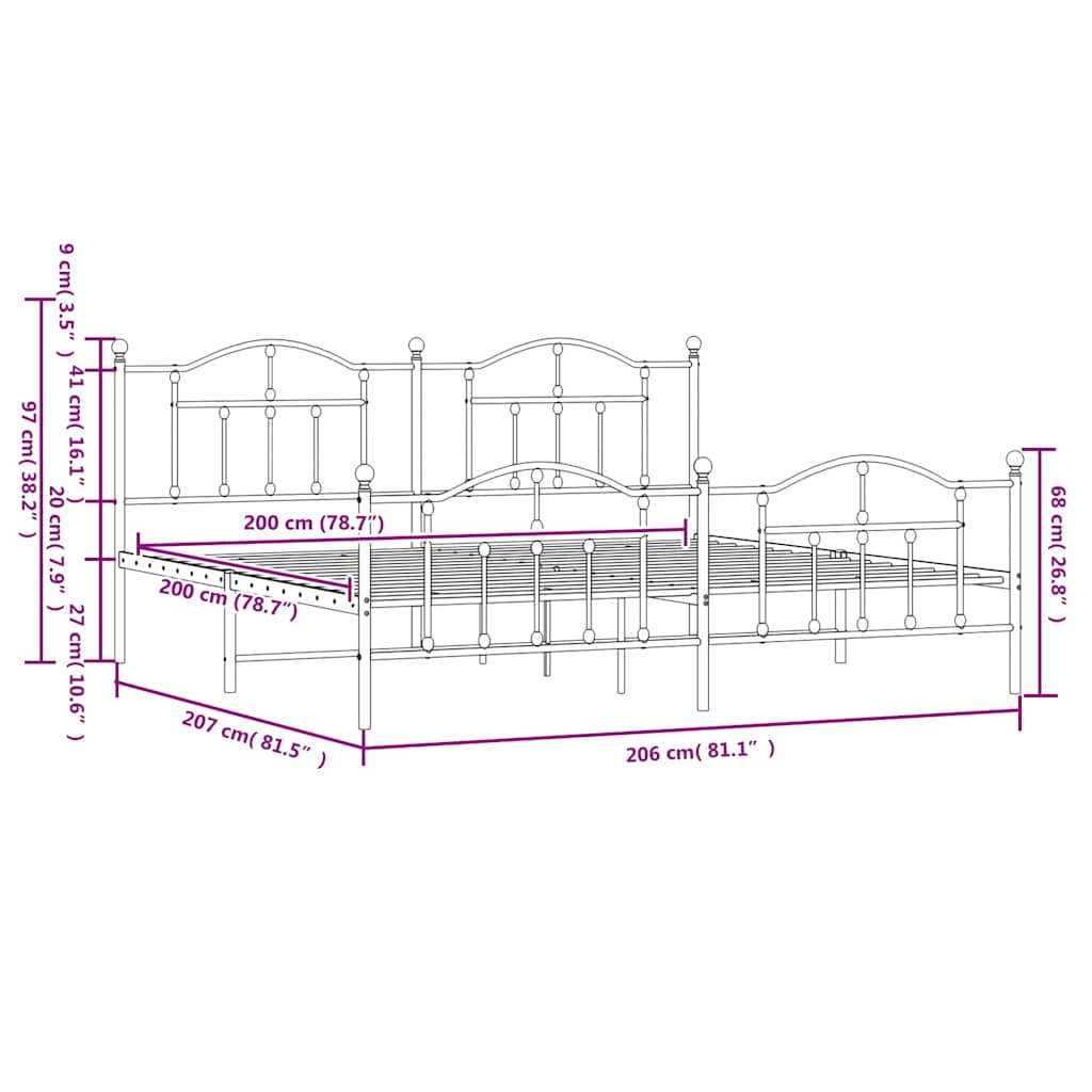 Metal Bed Frame without Mattress with Footboard Black 200x200cm