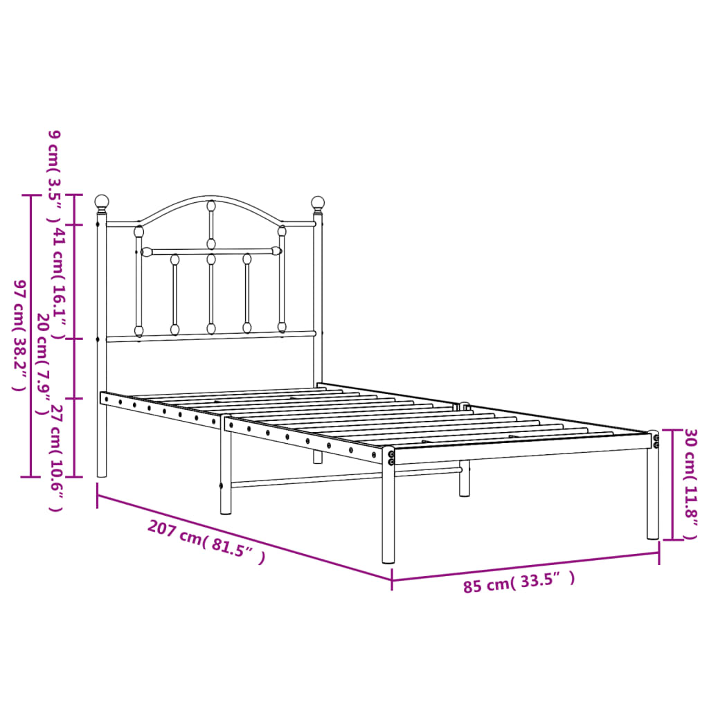 Metal Bed Frame without Mattress with Headboard White 80x200cm