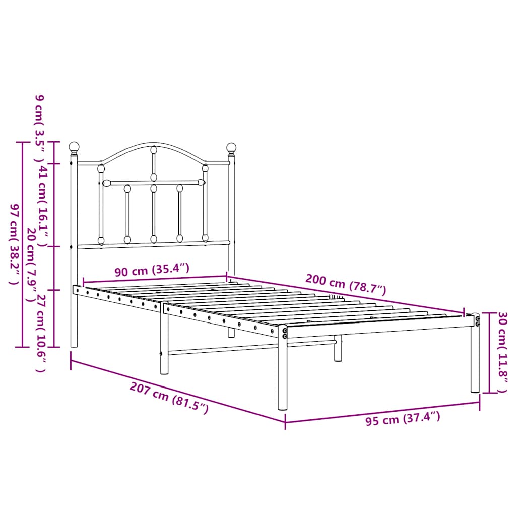 Metal Bed Frame without Mattress with Headboard White 90x200cm