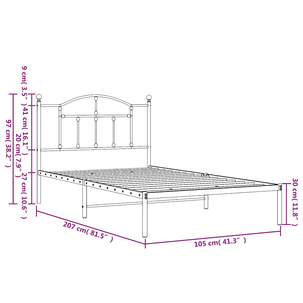 Metal Bed Frame without Mattress with Headboard White 100x200cm