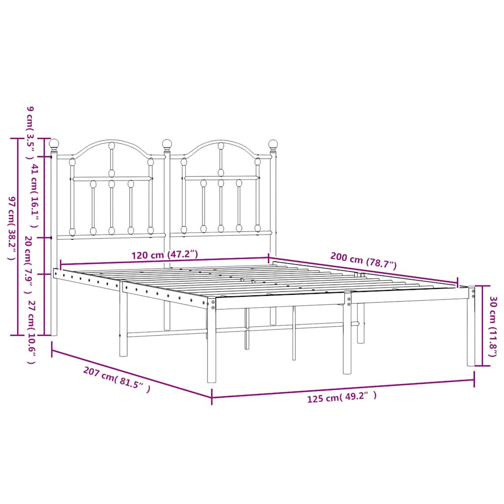 Metal Bed Frame without Mattress with Headboard White 120x200cm