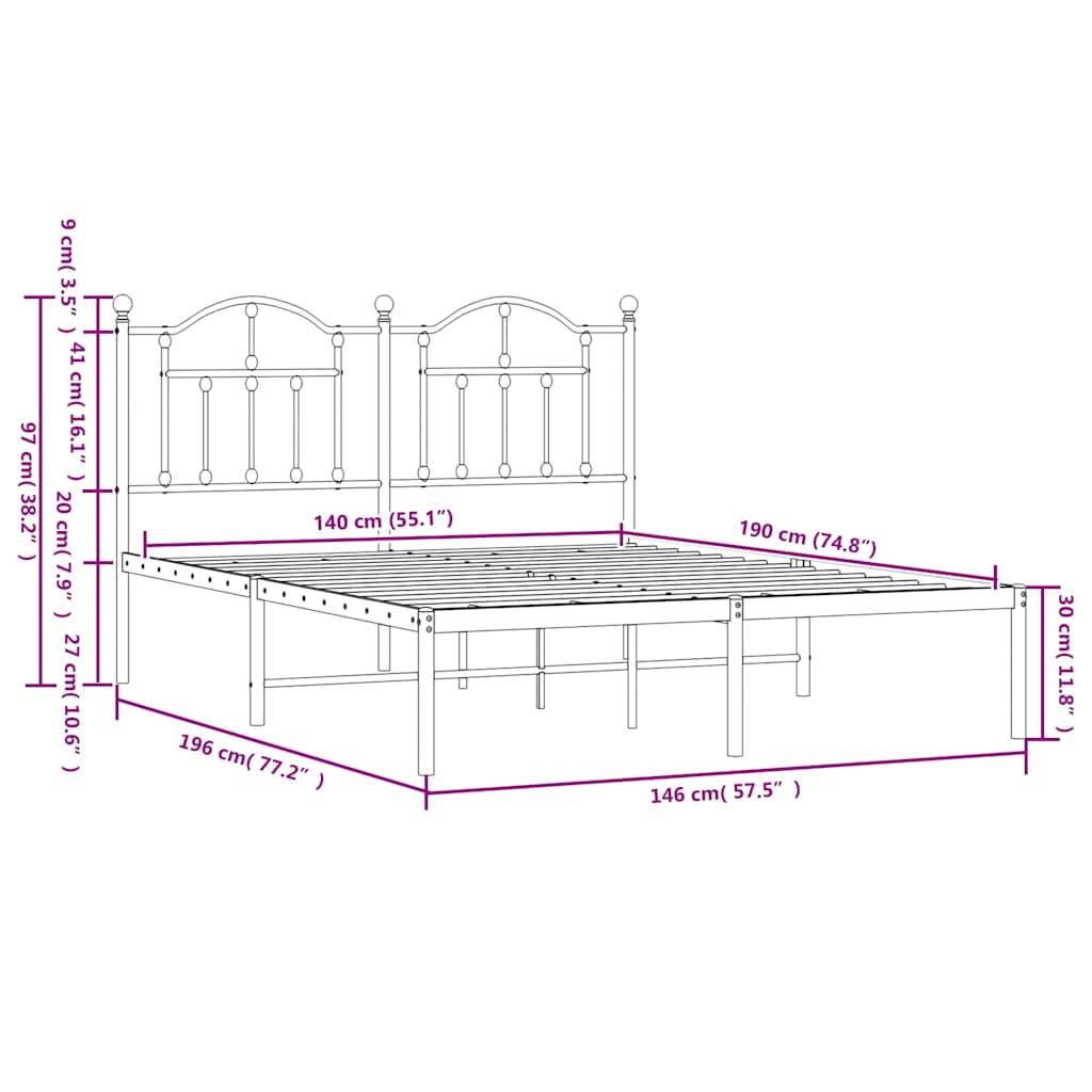 Metal Bed Frame without Mattress with Headboard White 140x190cm