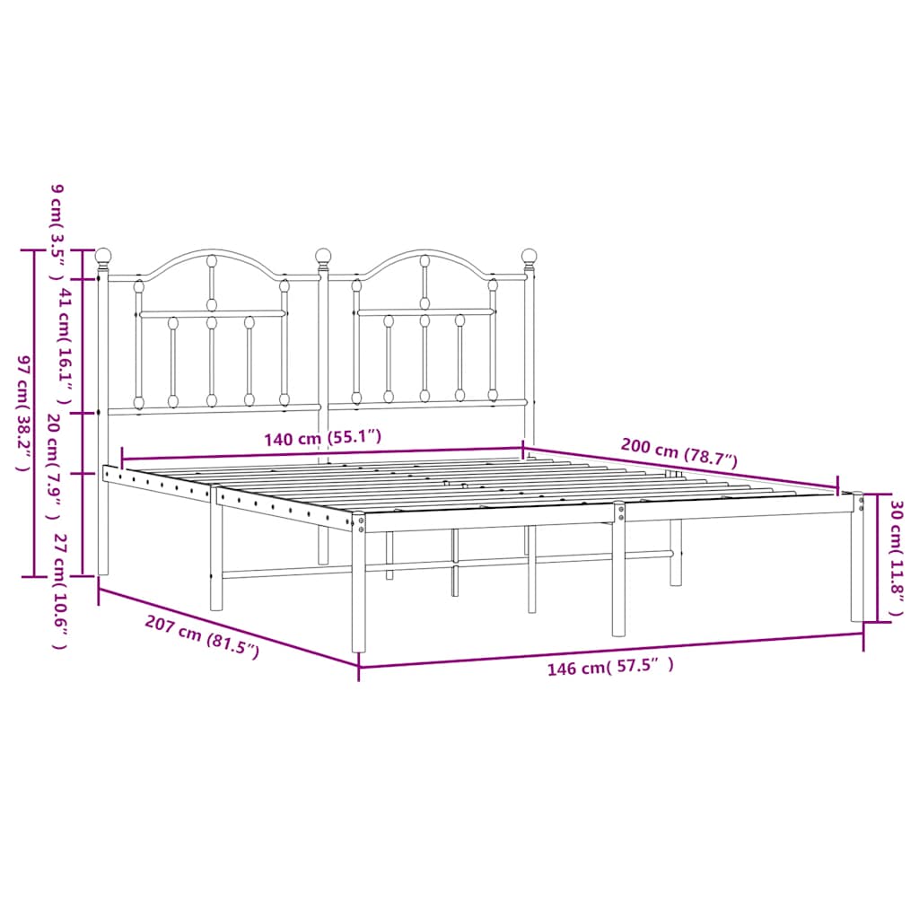 Metal Bed Frame without Mattress with Headboard White 140x200cm