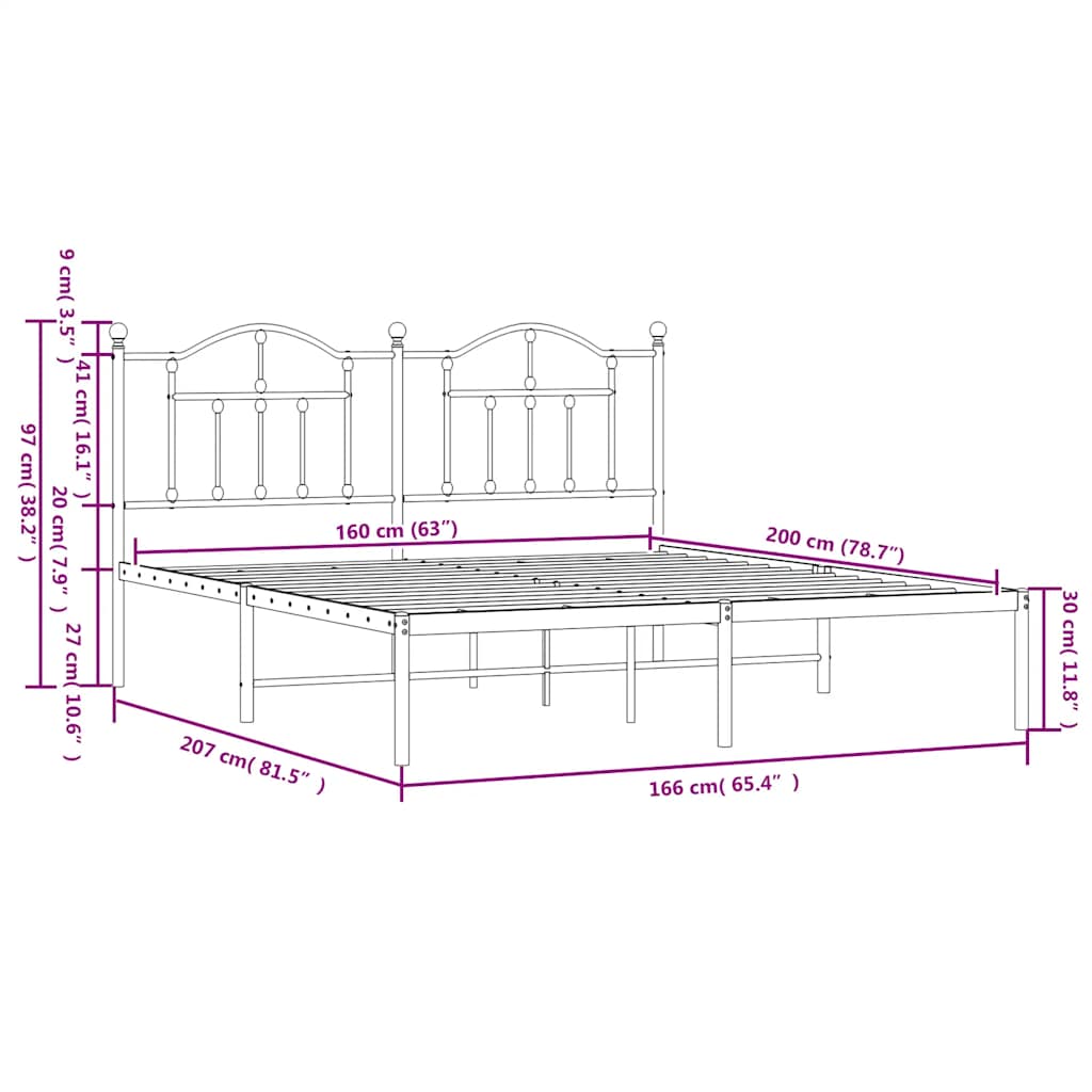 Metal Bed Frame without Mattress with Headboard White 160x200cm