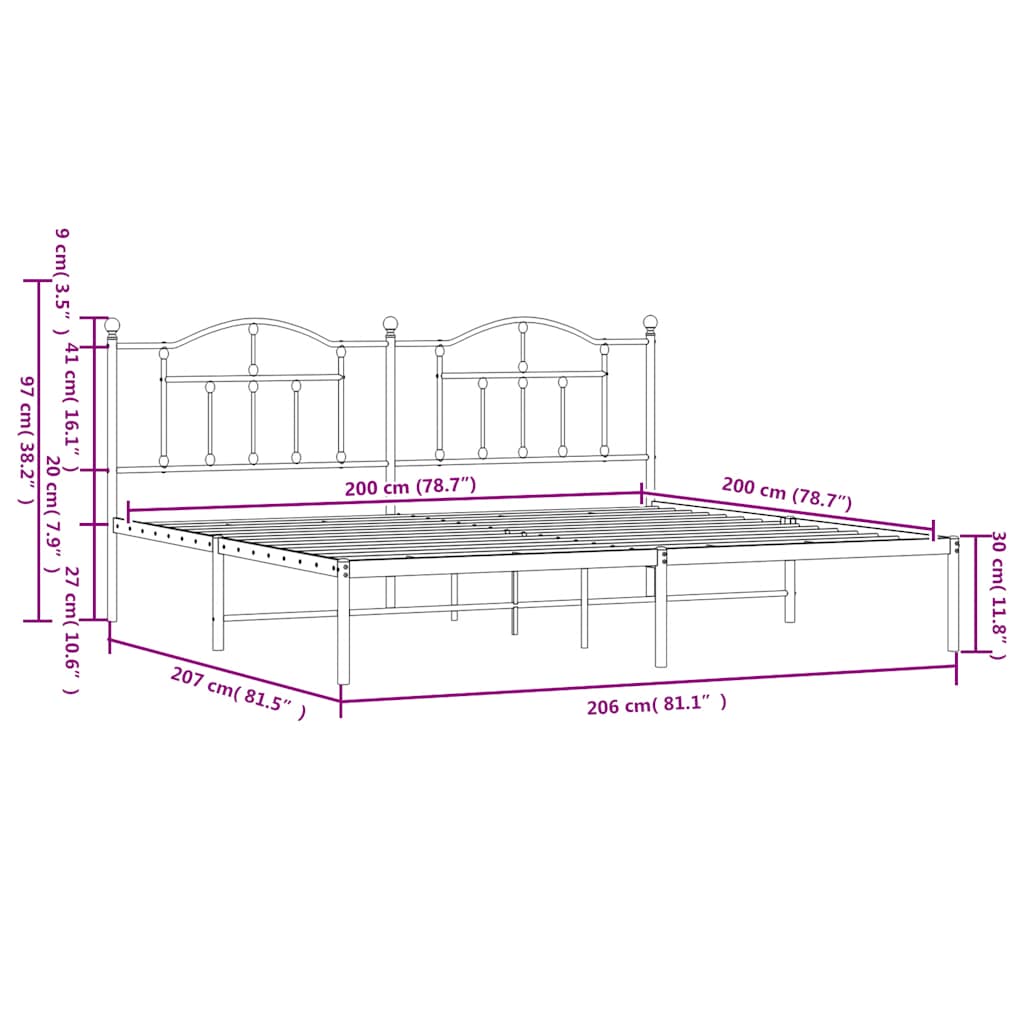Metal Bed Frame without Mattress with Headboard White 200x200cm